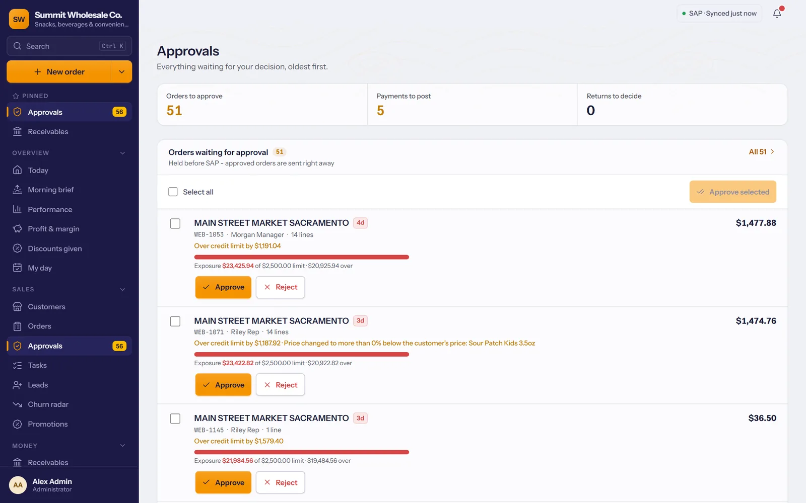 Approvals: orders waiting, with credit warnings and approve or reject buttons