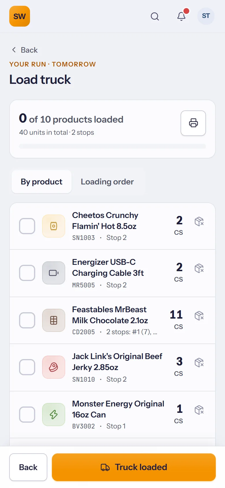 Load truck: products to load for the run