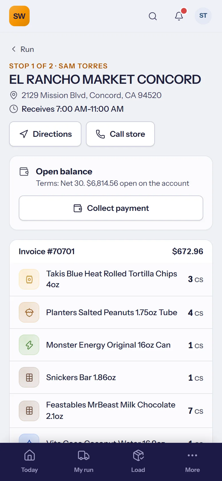 A stop: address, receiving hours, balance and invoice lines