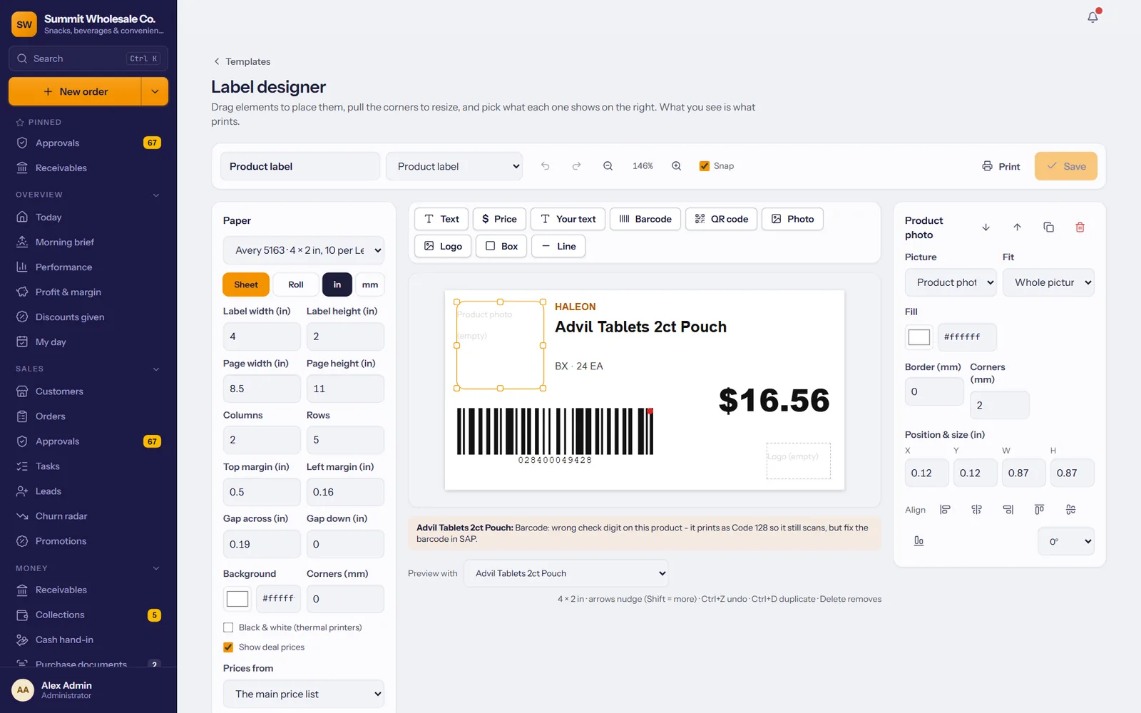 The label designer: a product label with photo, name, barcode and price, and its settings