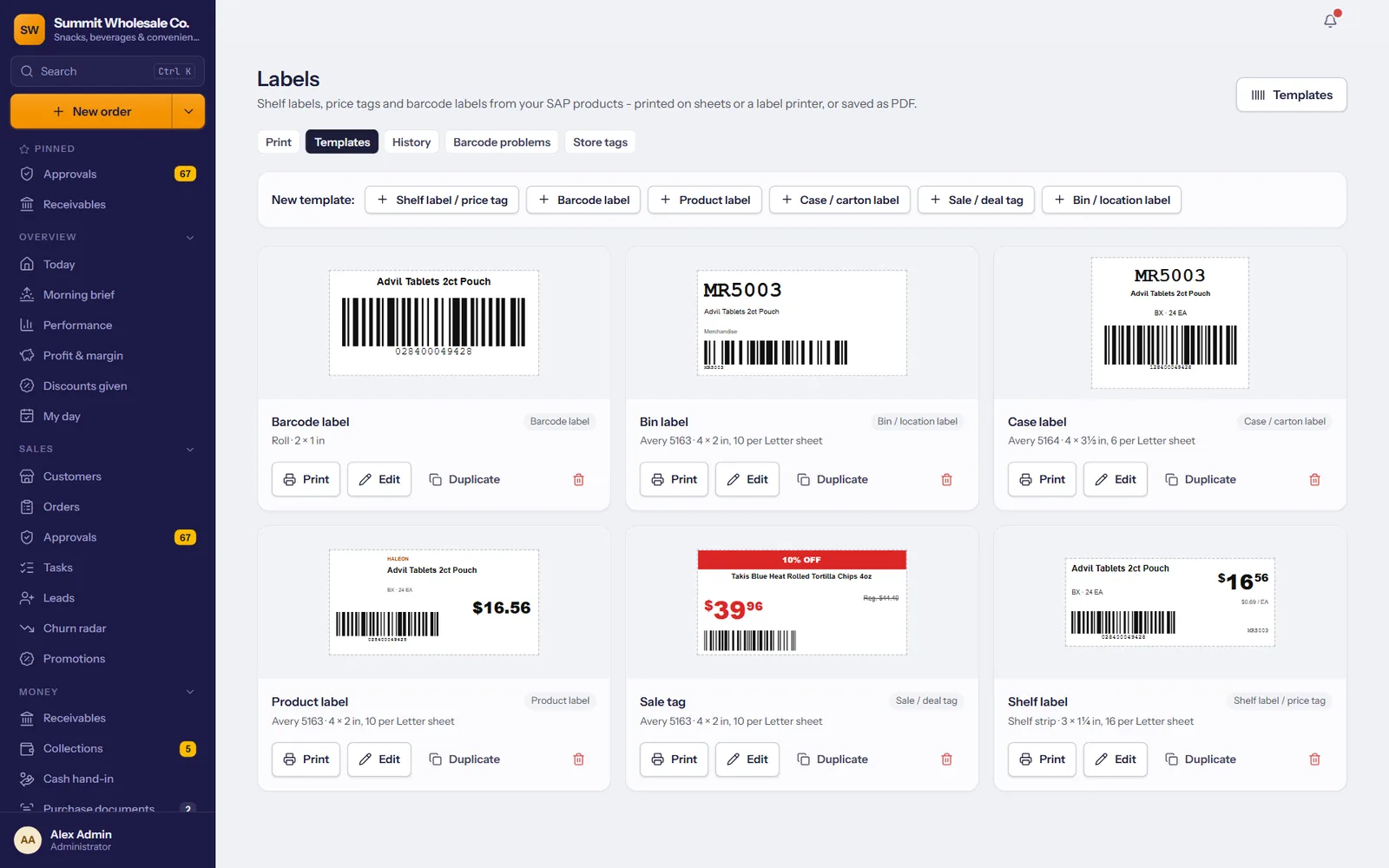Label templates: barcode, bin, case, product, sale and shelf labels with live previews