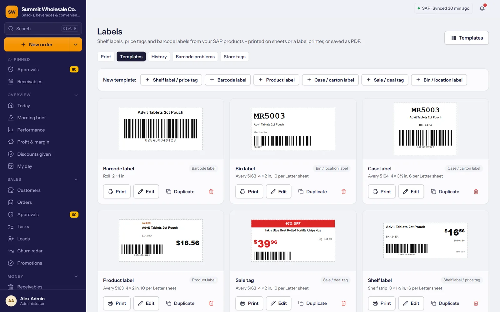 Label templates with live previews