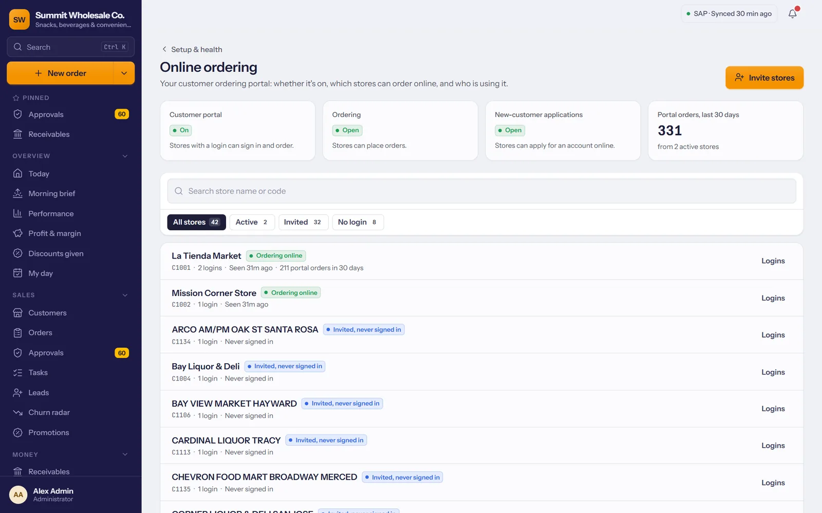 Online ordering: portal status, portal orders in the last 30 days and every store's access