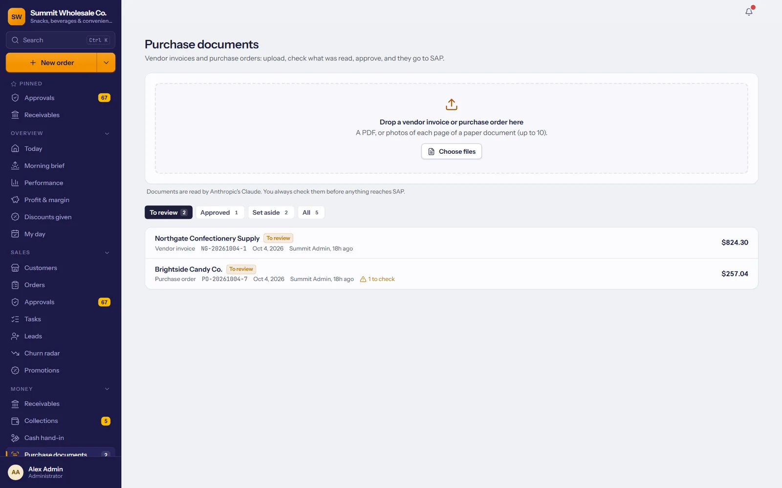 Purchase documents: drop a vendor invoice or purchase order, and the documents waiting for review