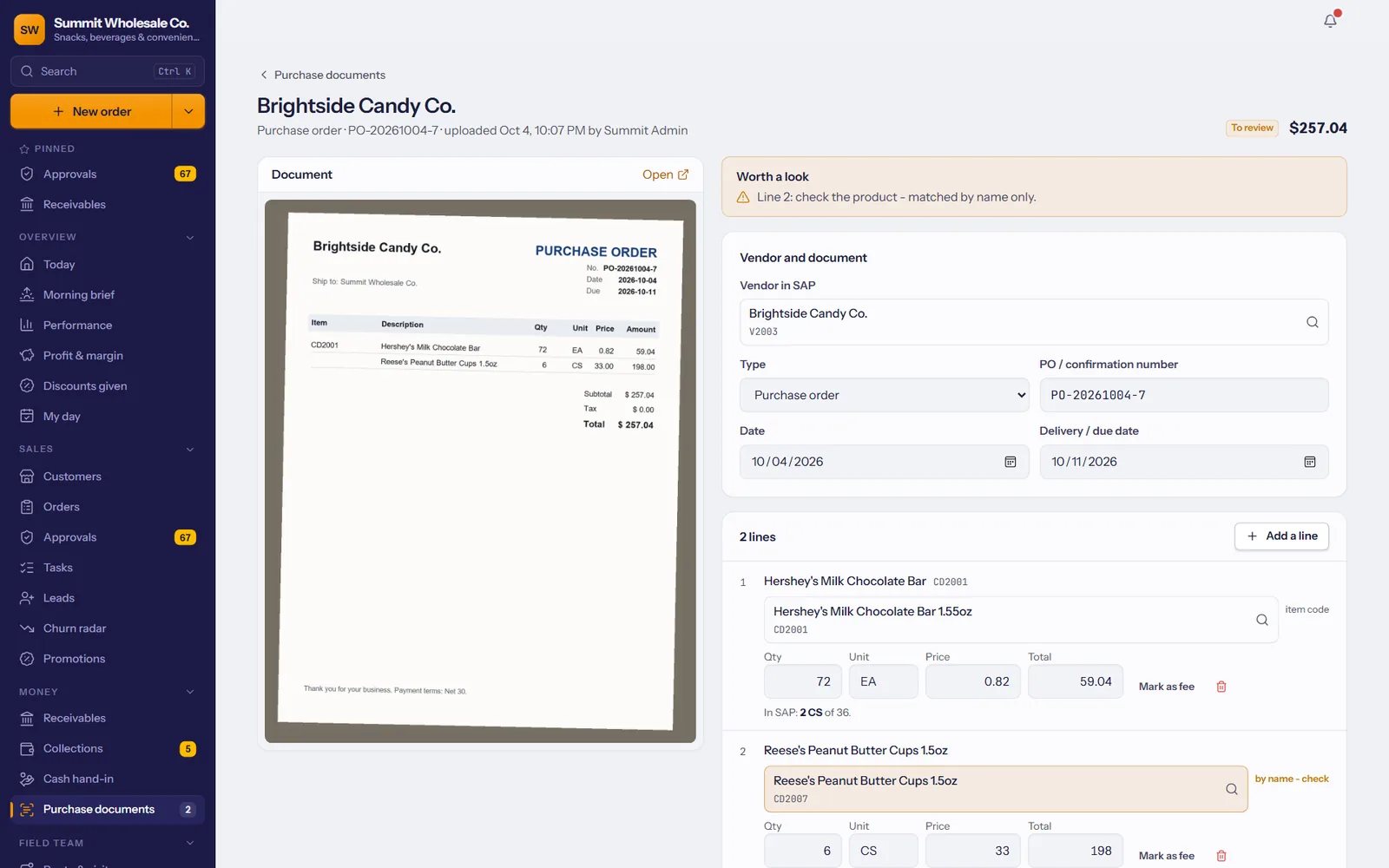 A purchase order with one line matched by name and marked to check
