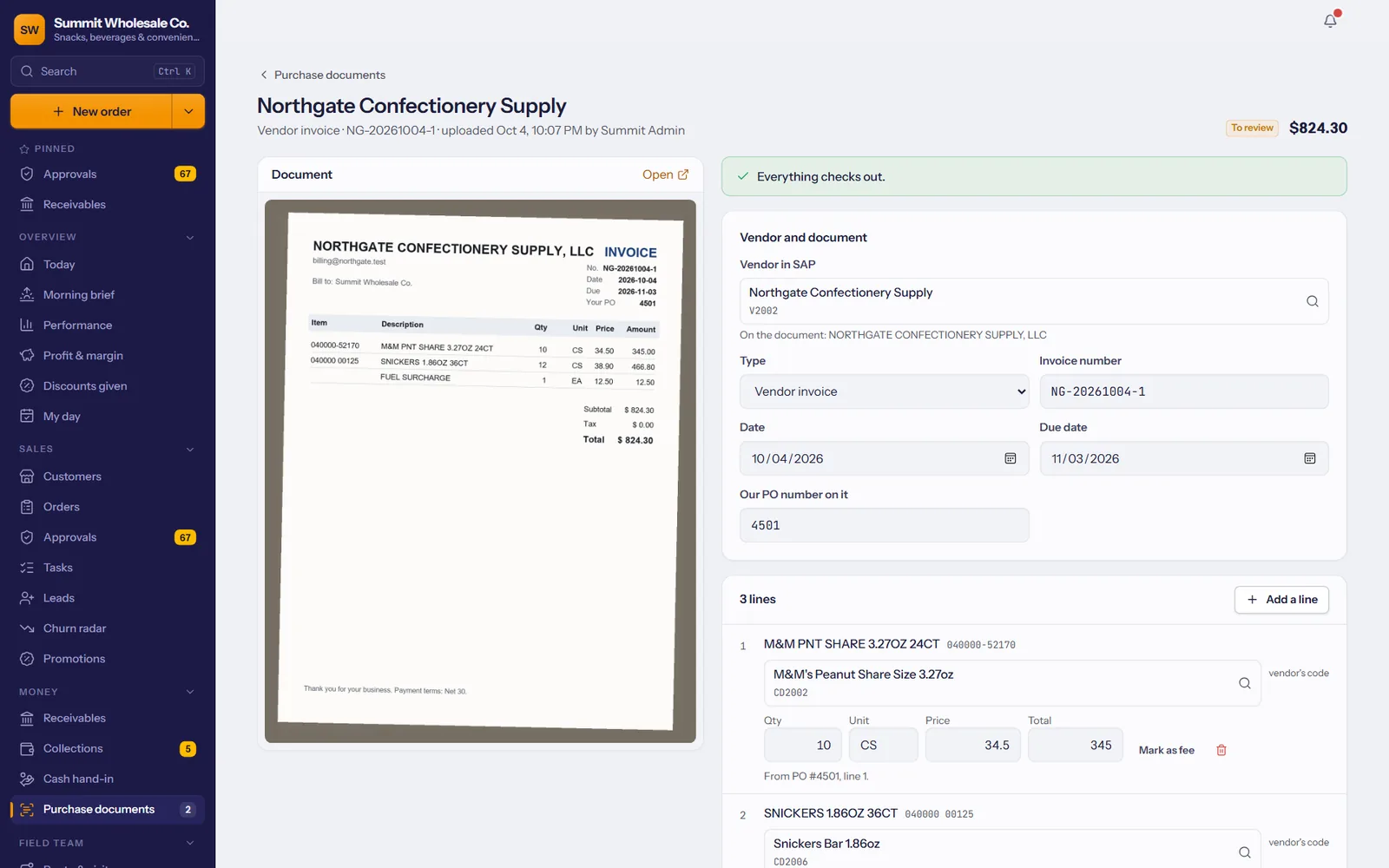 A vendor invoice next to what was read: vendor, invoice number, dates and lines matched to SAP items
