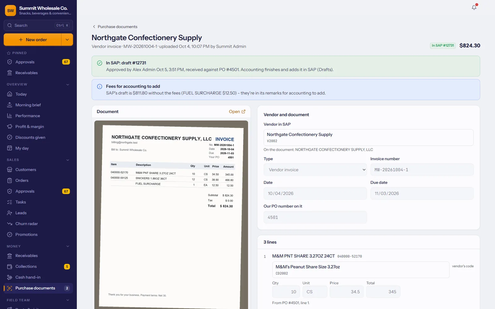 In SAP: draft created, received against the open purchase order