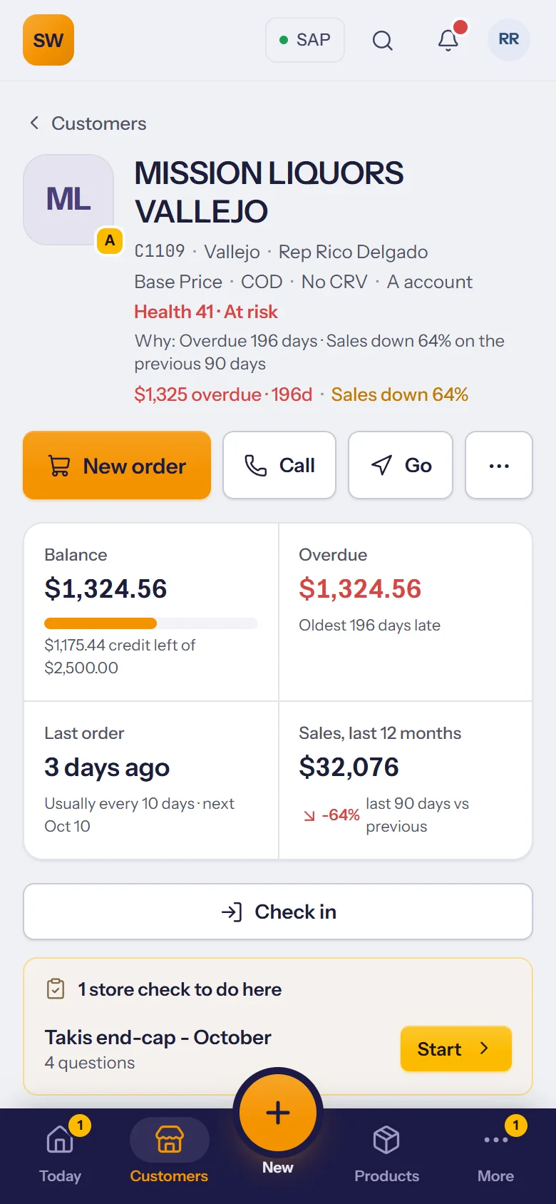 A customer's page with balance, last order and a store check