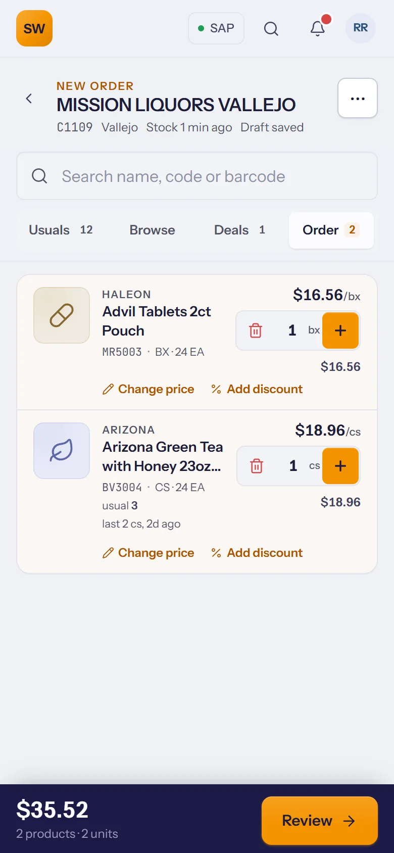 Taking an order with live prices and stock