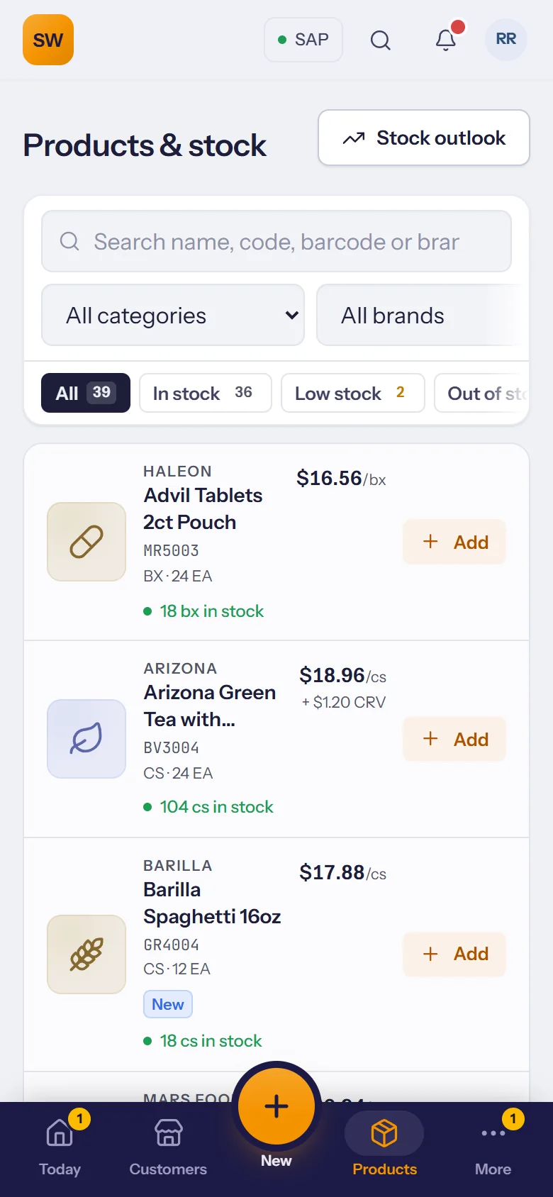 Products and stock with filters