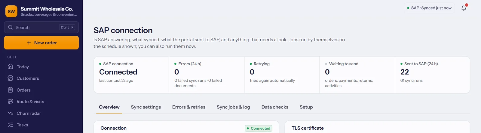 The SAP connection screen: connected, no errors, nothing waiting, documents sent in the last 24 hours