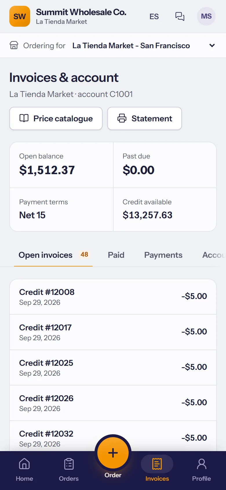 The store's account with invoices and balance
