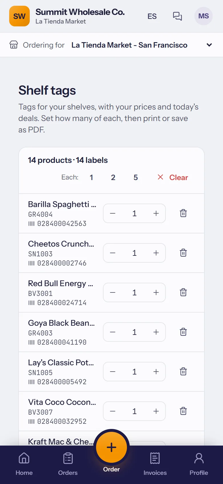 Shelf tags in the customer portal: the store's products with how many labels of each