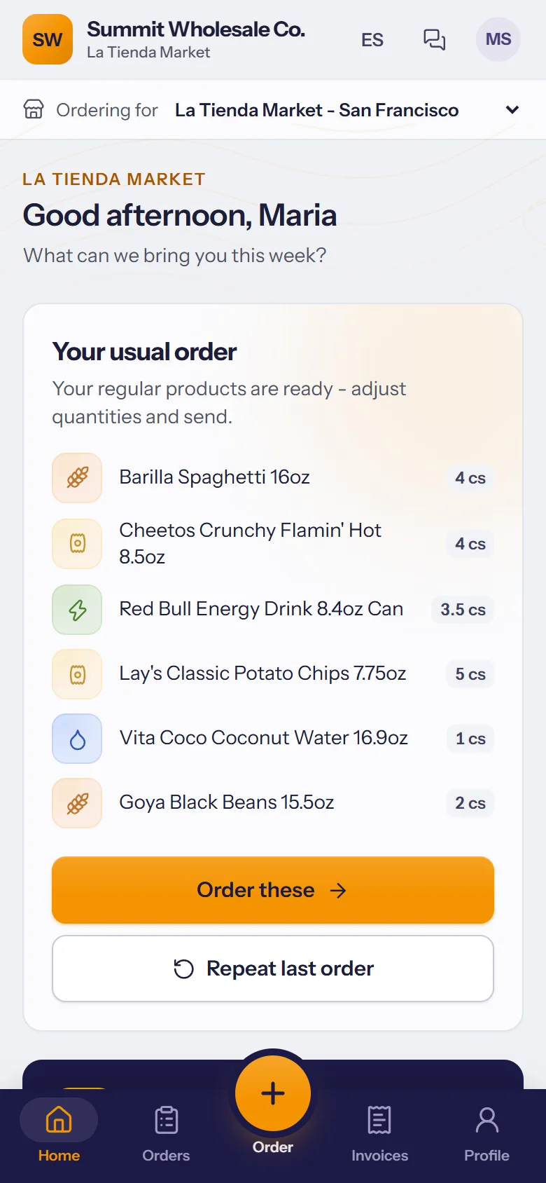 The portal's home: continue your order with the store's usual products
