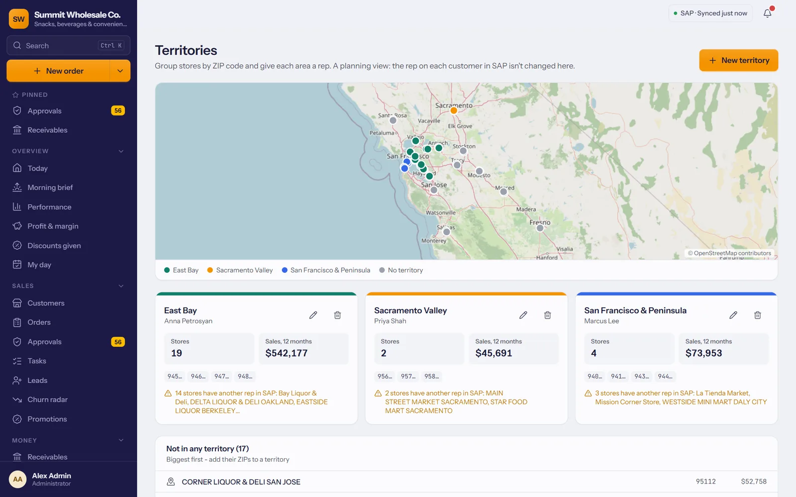 Territories on a map with each territory's stores and sales